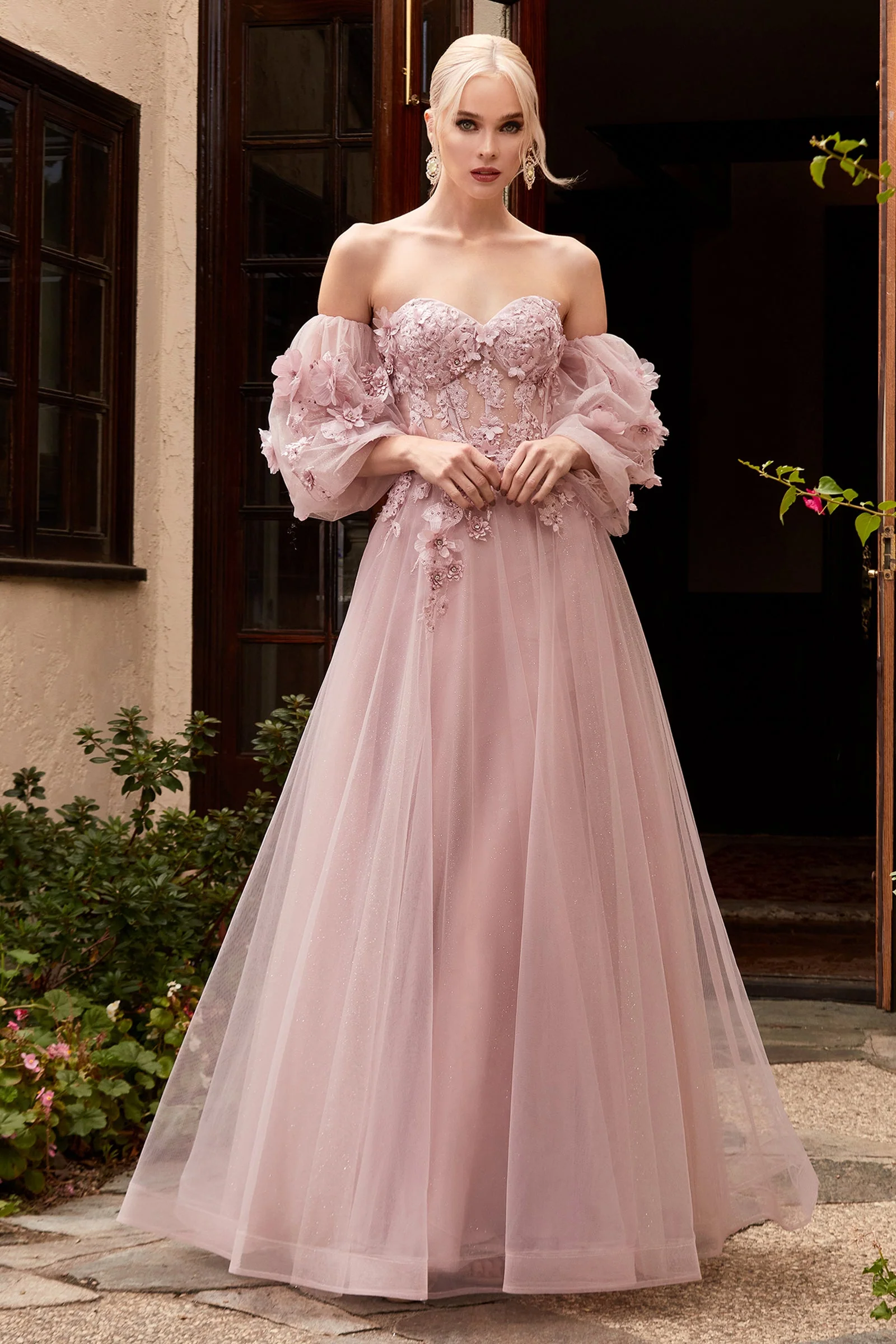 Pink Strapless Off-The-Shoulder Hollow Waist Prom Dress With Applikation