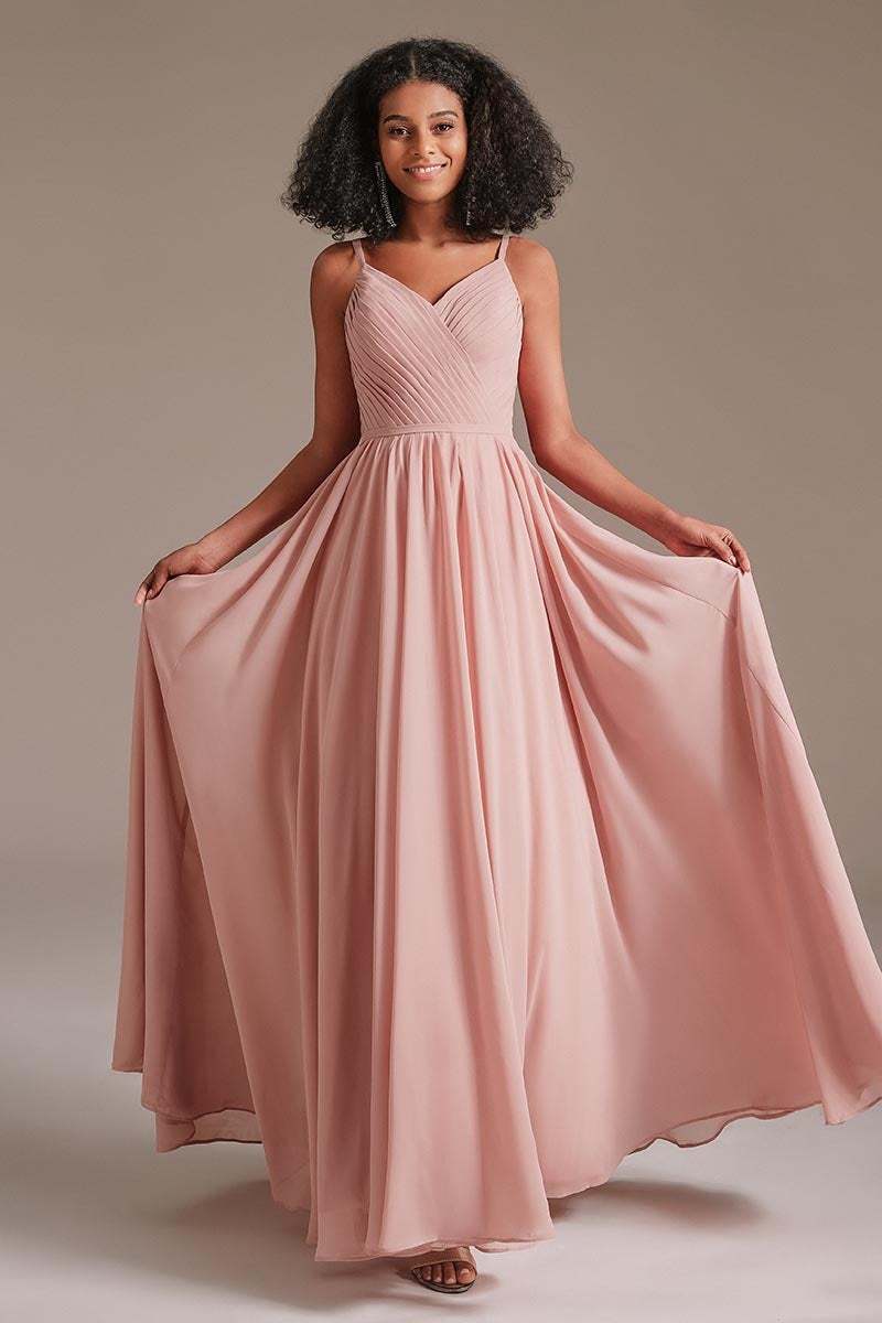Chiffon Spaghetti-Straps Pleated Pink Bridesmaid Dress