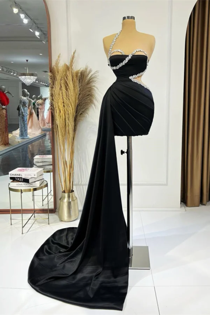 Beaded One-Shoulder Black Pleats Elegant Sexy Side Train Short Mini cocktail Dress