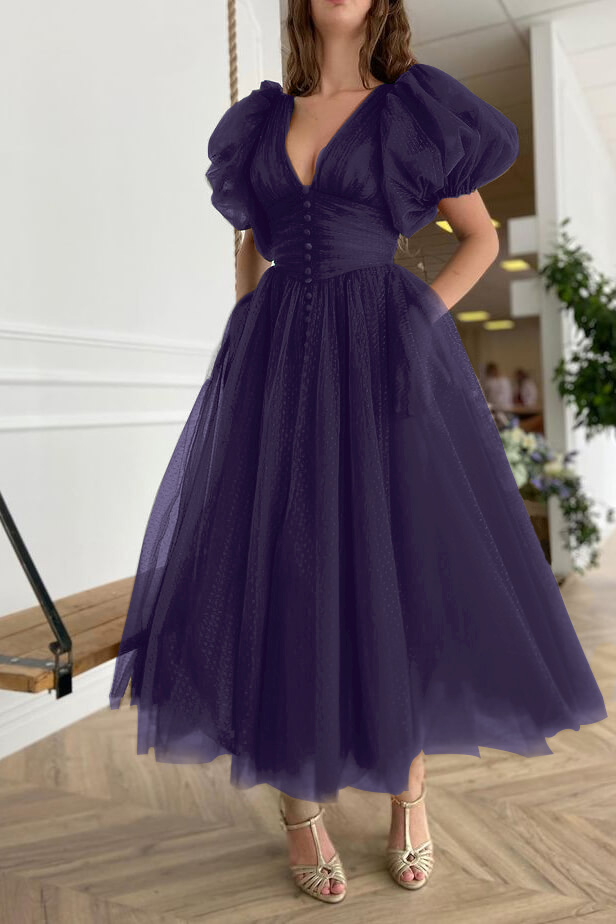 Dark Green Evening Dress A-Line With Short Sleeves V-Neck