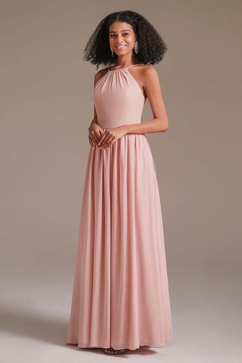 Chiffon Pink Halter Bridesmaid Dress