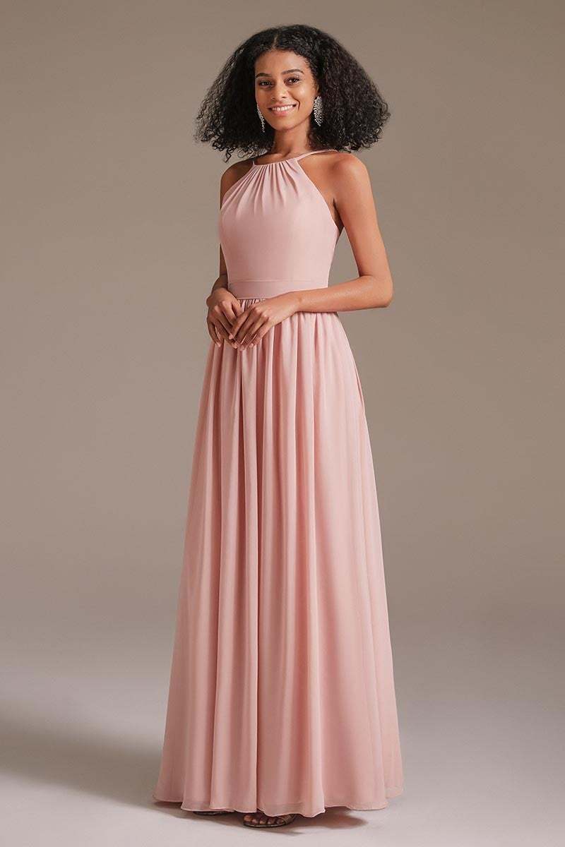 Chiffon Pink Halter Bridesmaid Dress