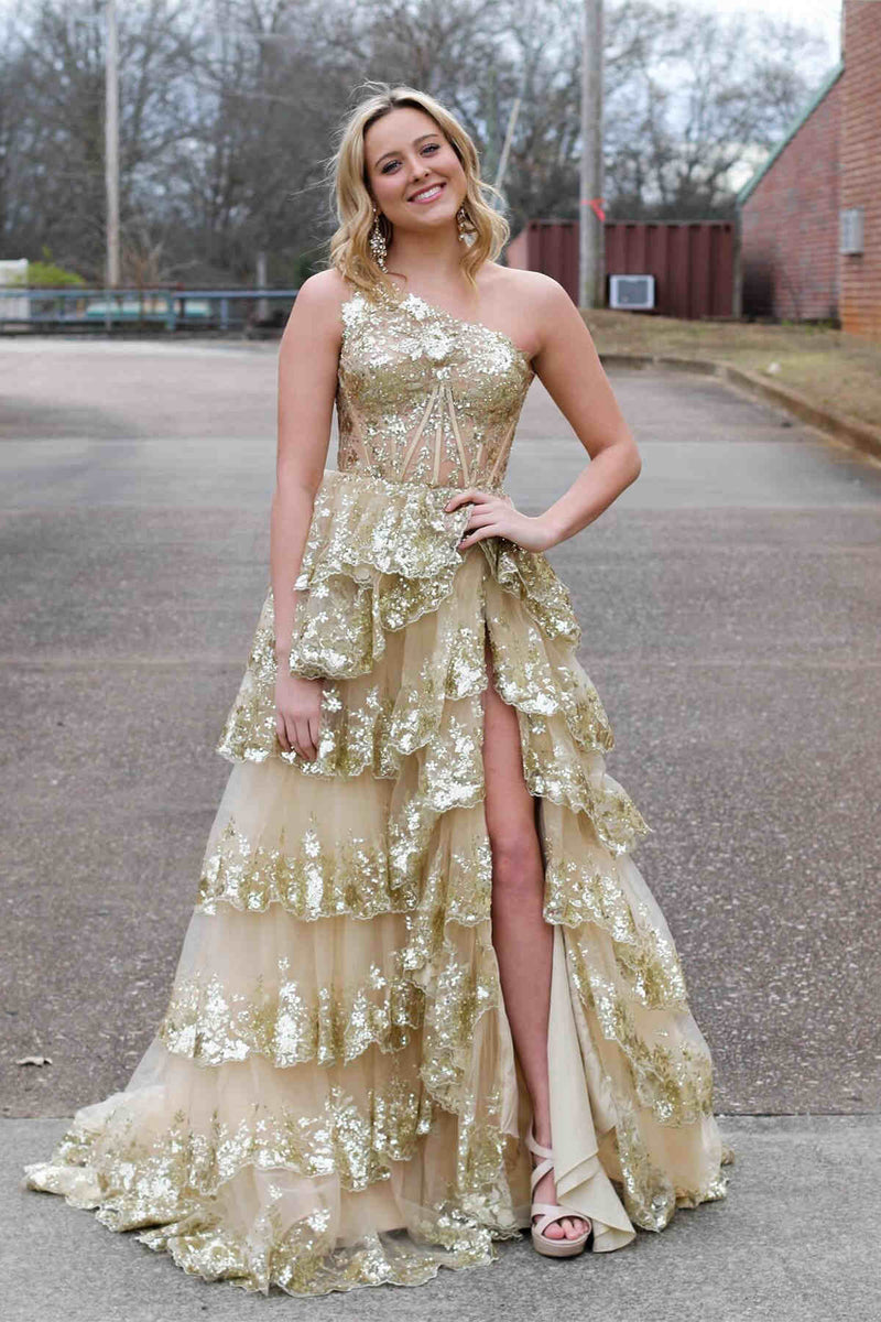 Light Purple Long Prom Dress with One Shoulder and Lace Ruffles in A-Line Princess Style