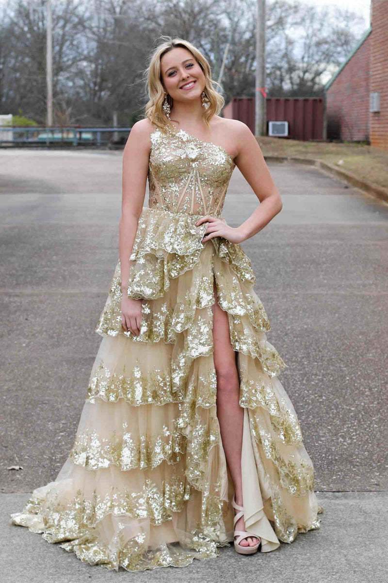 Light Purple Long Prom Dress with One Shoulder and Lace Ruffles in A-Line Princess Style