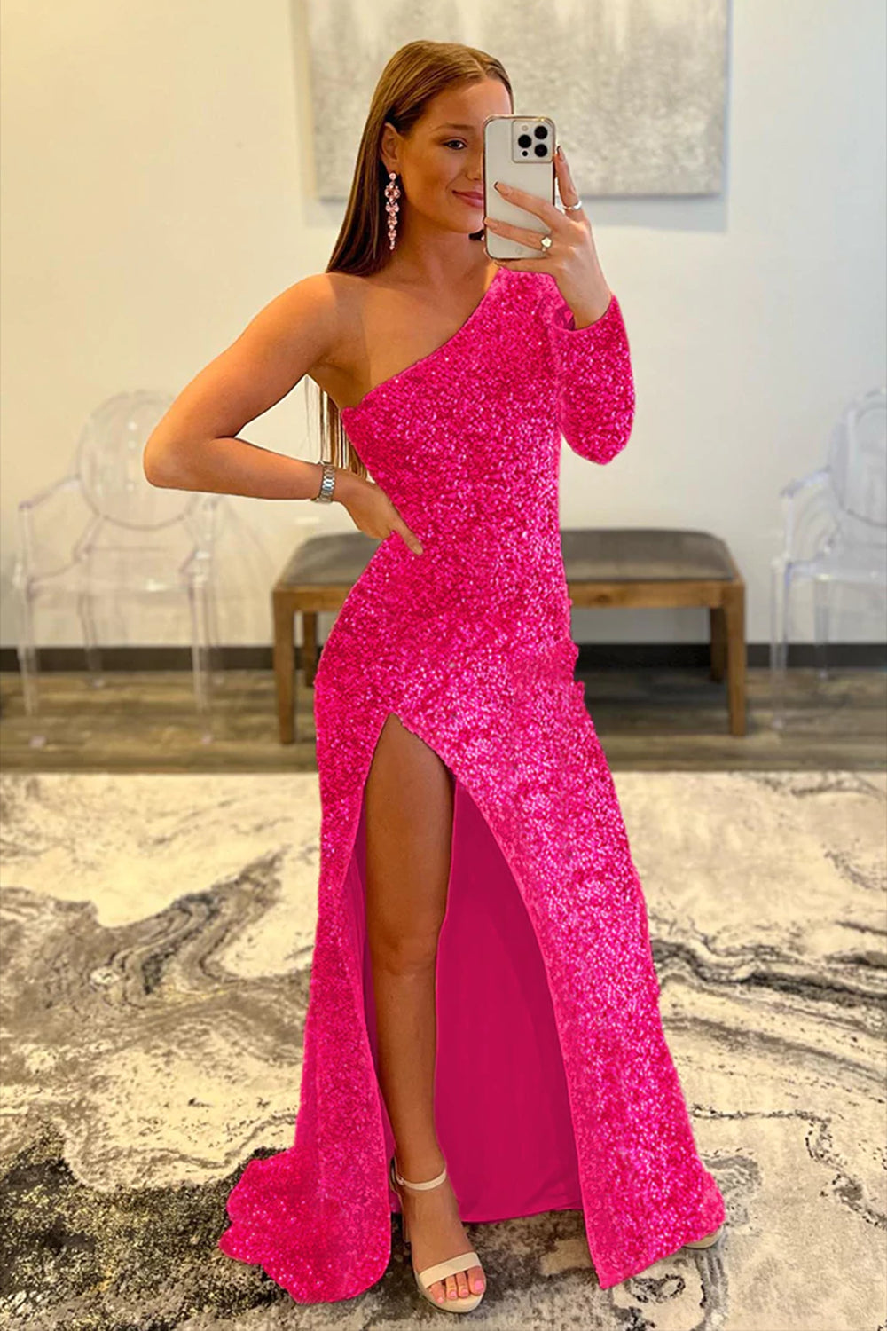 Sequined Prom Dress with a Single Shoulder in Pink