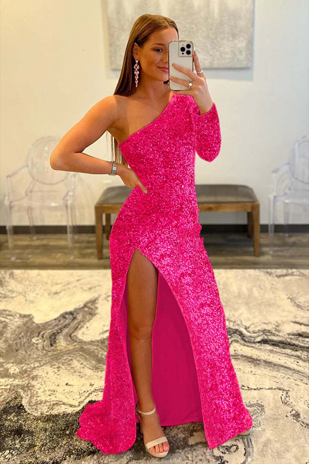 Sequined Prom Dress with a Single Shoulder in Pink