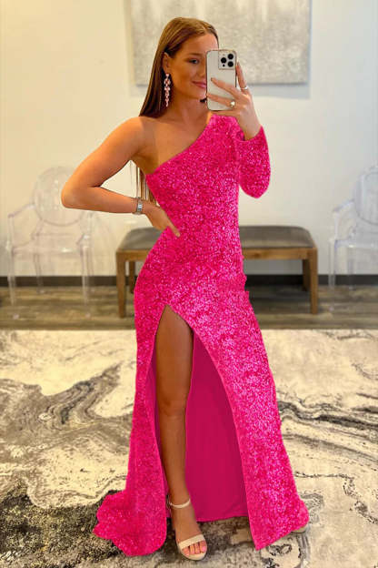 Sequined Prom Dress with a Single Shoulder in Pink
