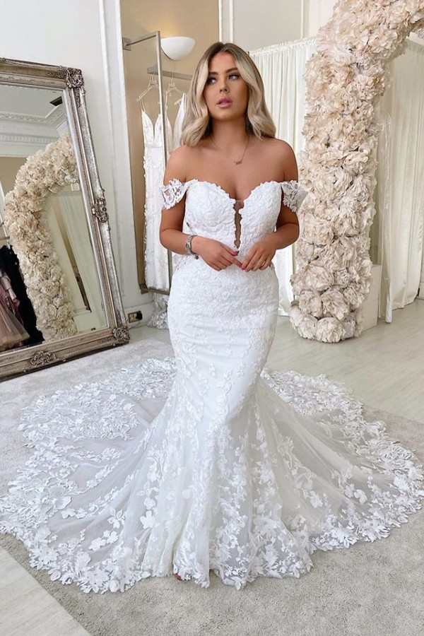 Glamorous Off-The-Shoulder Mermaid Backless Long Wedding Dress with Lace