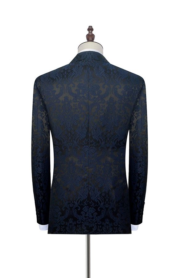 Black Silk Peak Lapel Men's Suits Dark Navy Jacquard Prom Suits for Weddings
