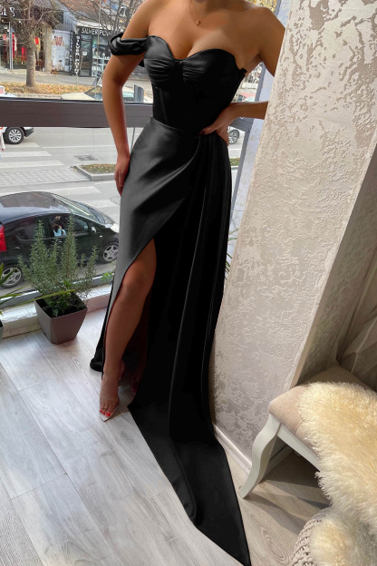 Classic One Shoulder Slit Strapless Sweetheart Evening Dress With Ruffle