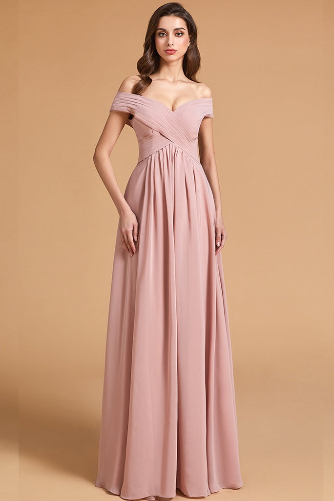 Dusty Rose Off-the-Shoulder Bridesmaid Dress Lace-Up