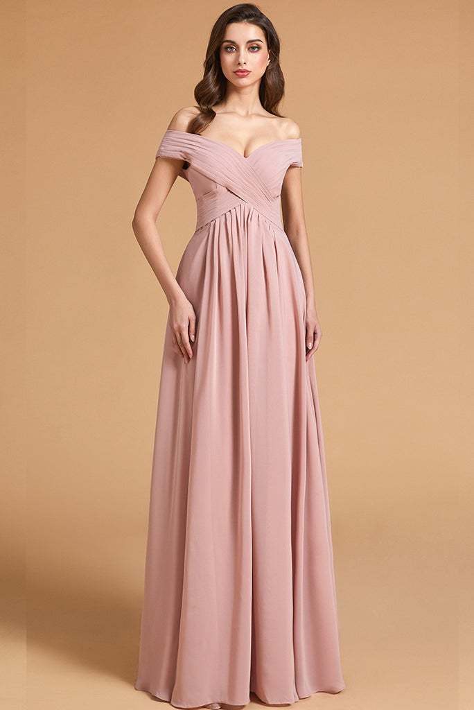 Dusty Rose Off-the-Shoulder Bridesmaid Dress Lace-Up