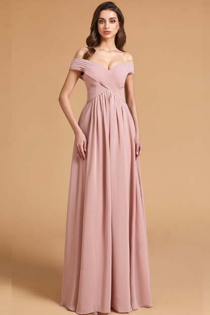 Dusty Rose Off-the-Shoulder Bridesmaid Dress Lace-Up