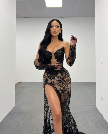 Lace Black Long Formal Dress With High Split Gown Gloves Printing