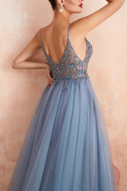 Long Pink Prom Dress with Spaghetti Straps and Slit