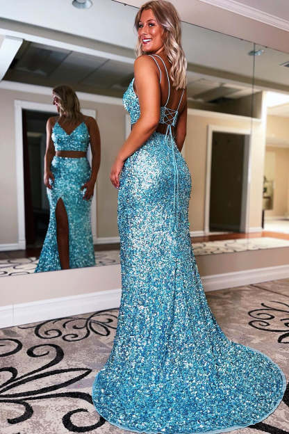 Orange Two-Piece Mermaid Prom Dress Featuring Sequins and a Slit