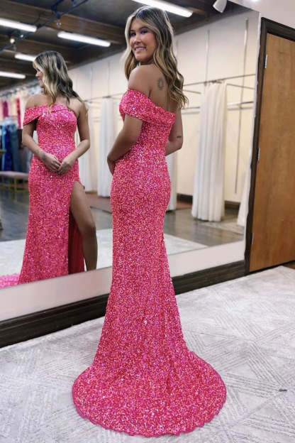 Hot Pink Sequined Mermaid Prom Dress with Front Split Strapless Long Gown
