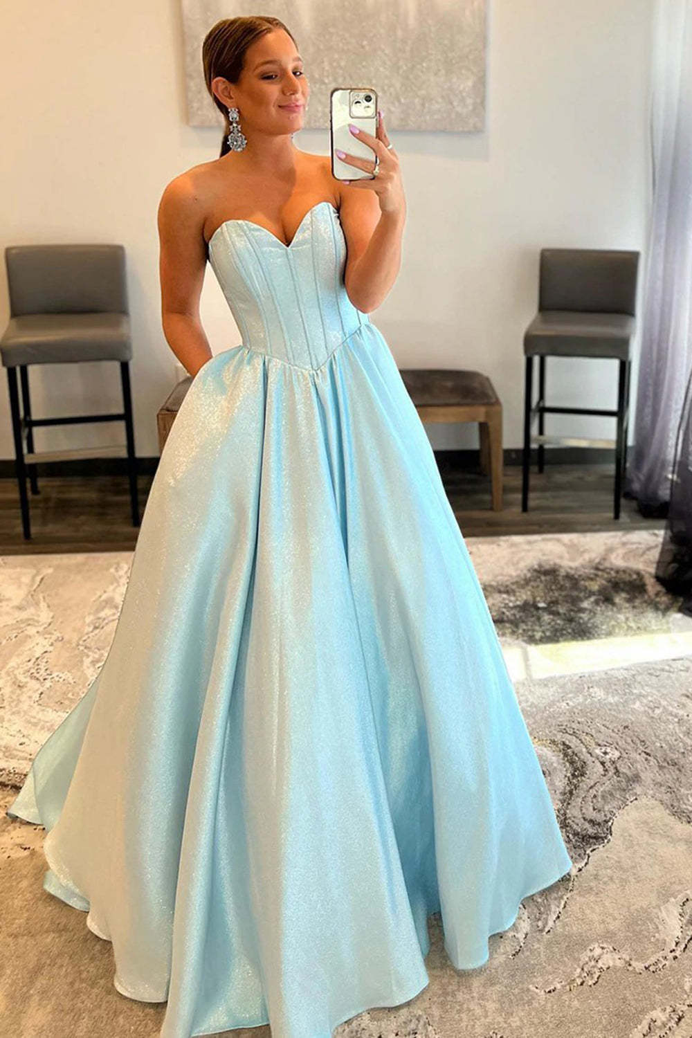 Blue Strapless Sweetheart A-Line Long Prom Gown