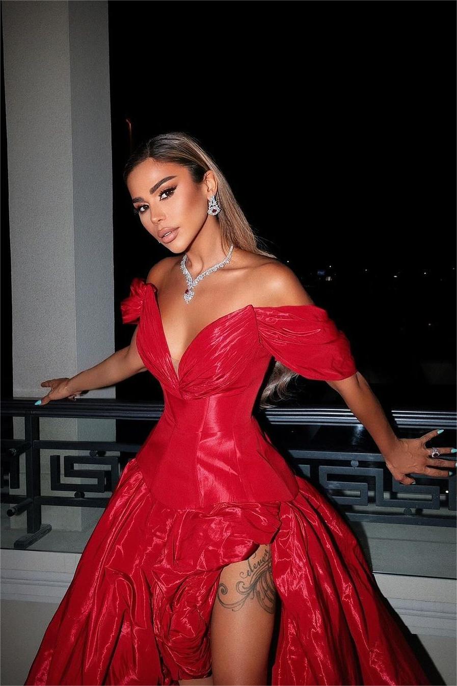 Chic Red Off the Shoulder V Neck A Line Long Split Formal Dress With Ruffles