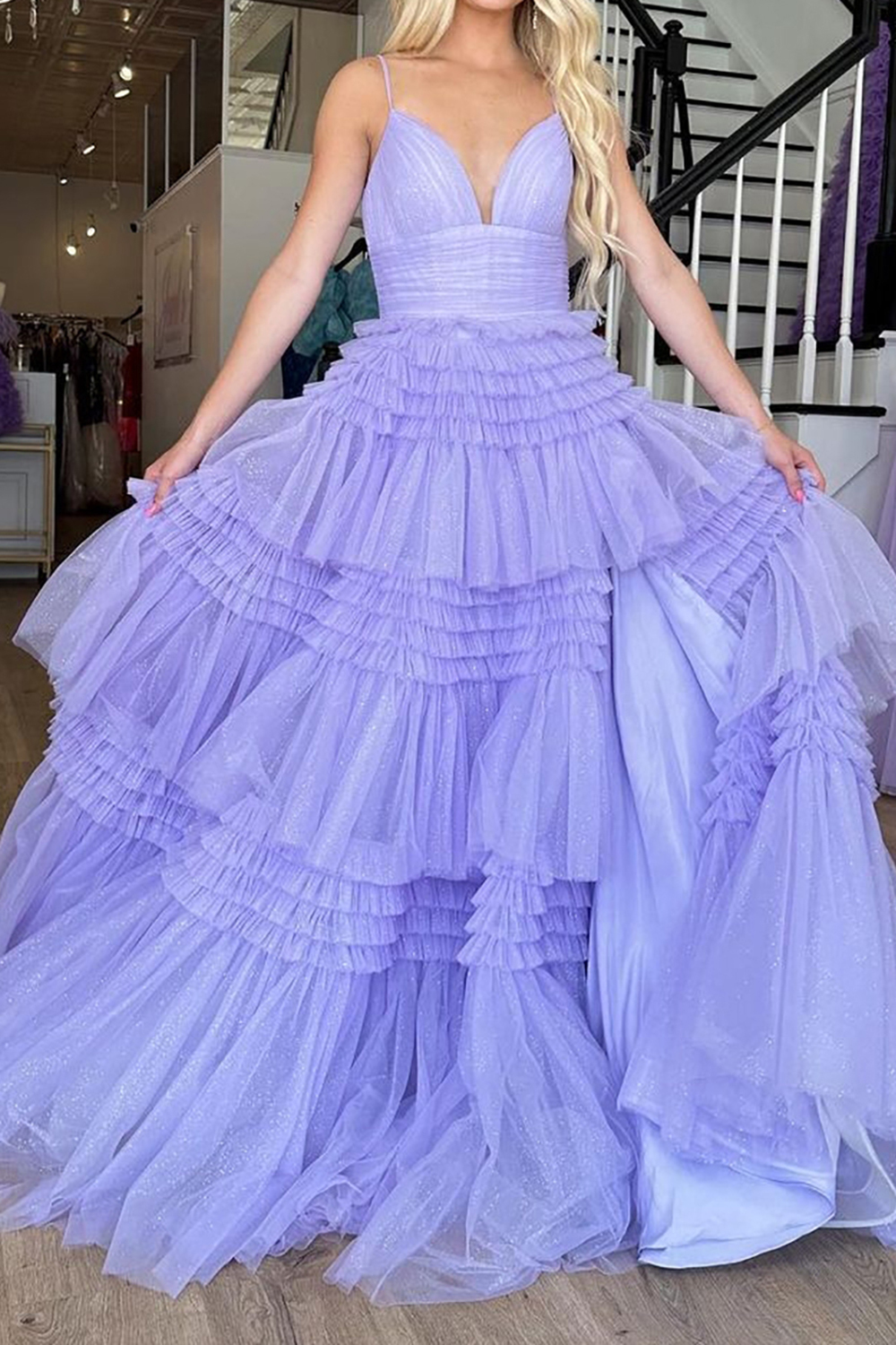 Elegant Lavender Long Prom Dress with Spaghetti Straps and A-Line Ruffles