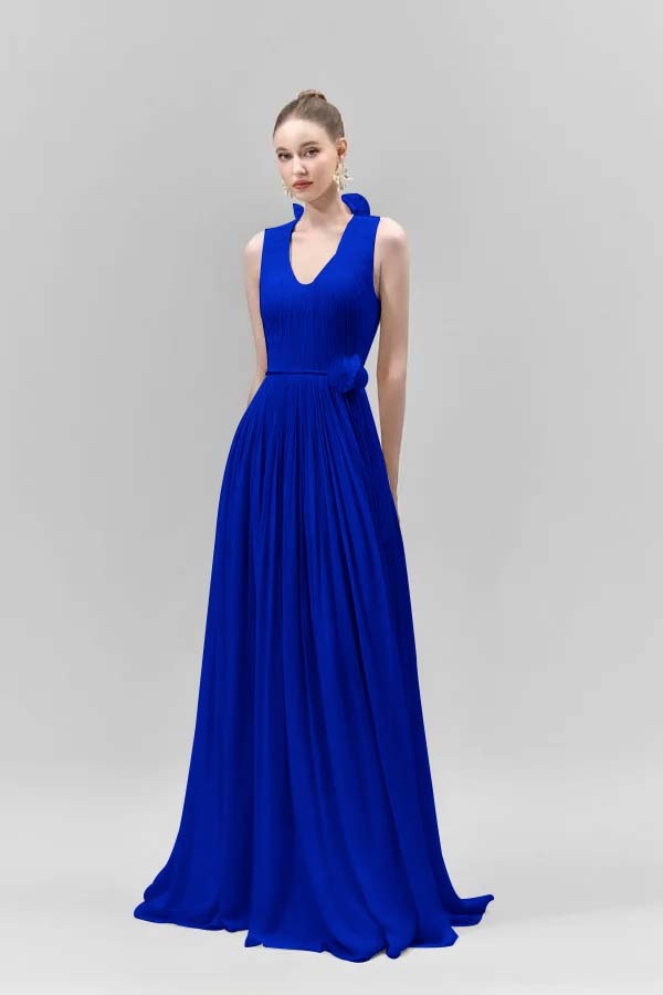 Chic Sleeveless Straps V Neck Long Formal Dress With Pleated Belt