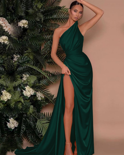 Elegant One Shoulder Sleeveless Mermaid Front Split Evening Dress Green