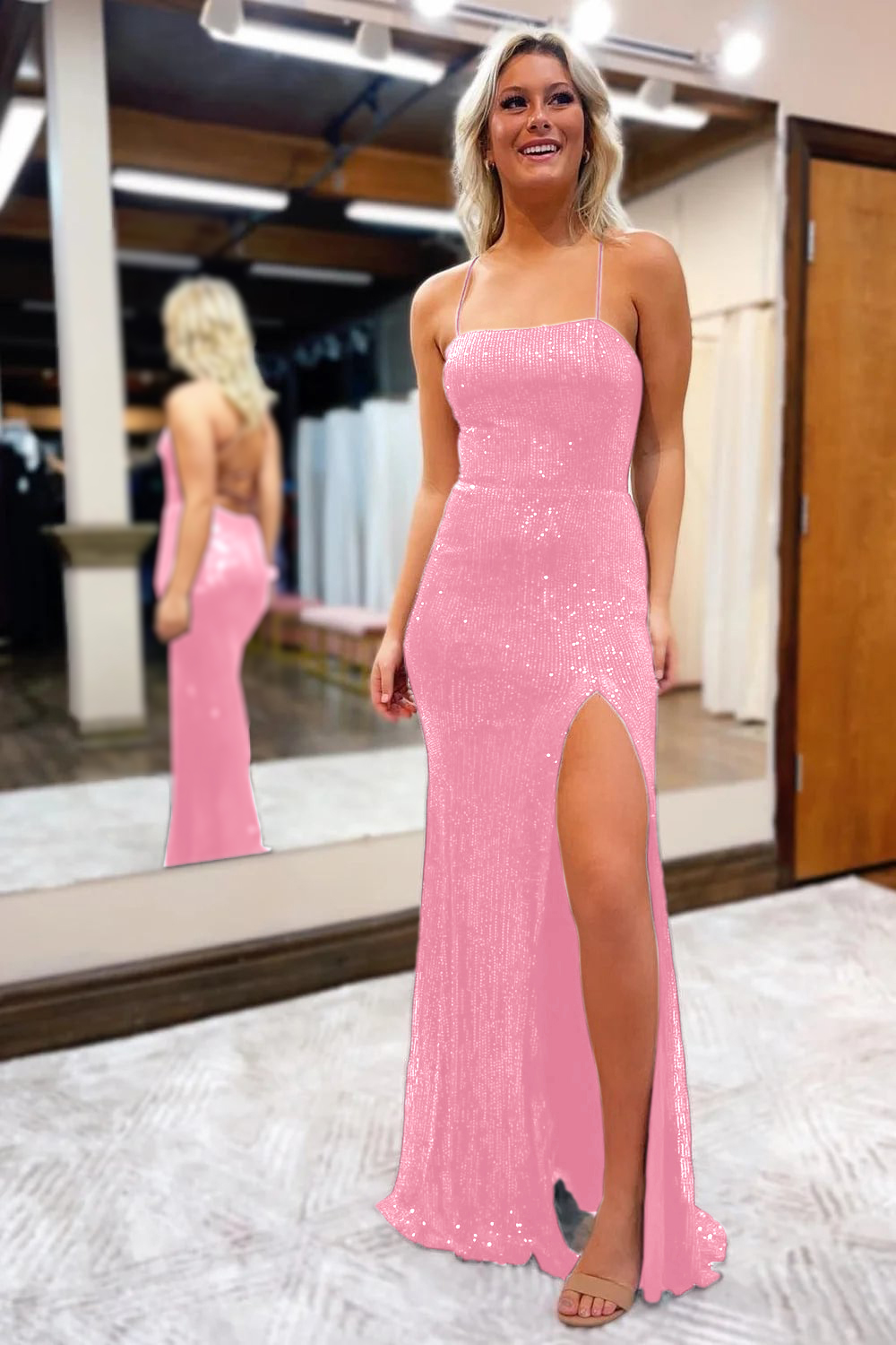 Burgundy Prom Dress with Sequins Spaghetti Straps and a Sheath Slit
