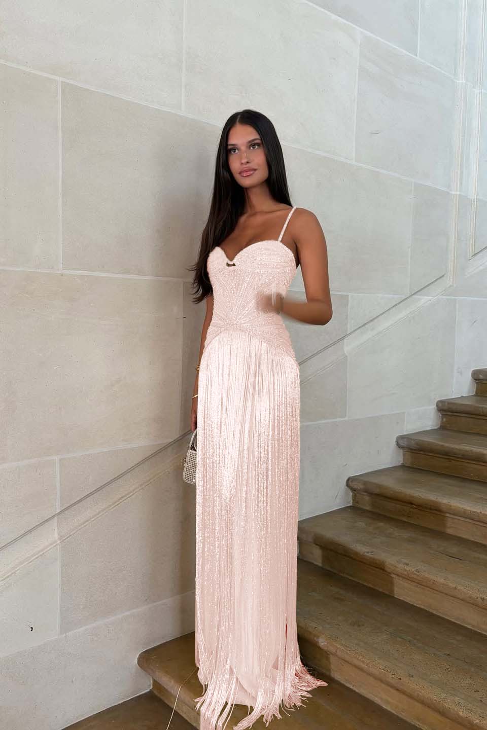 Spaghetti straps Sleeveless Long Formal Dress With Beading Tassel