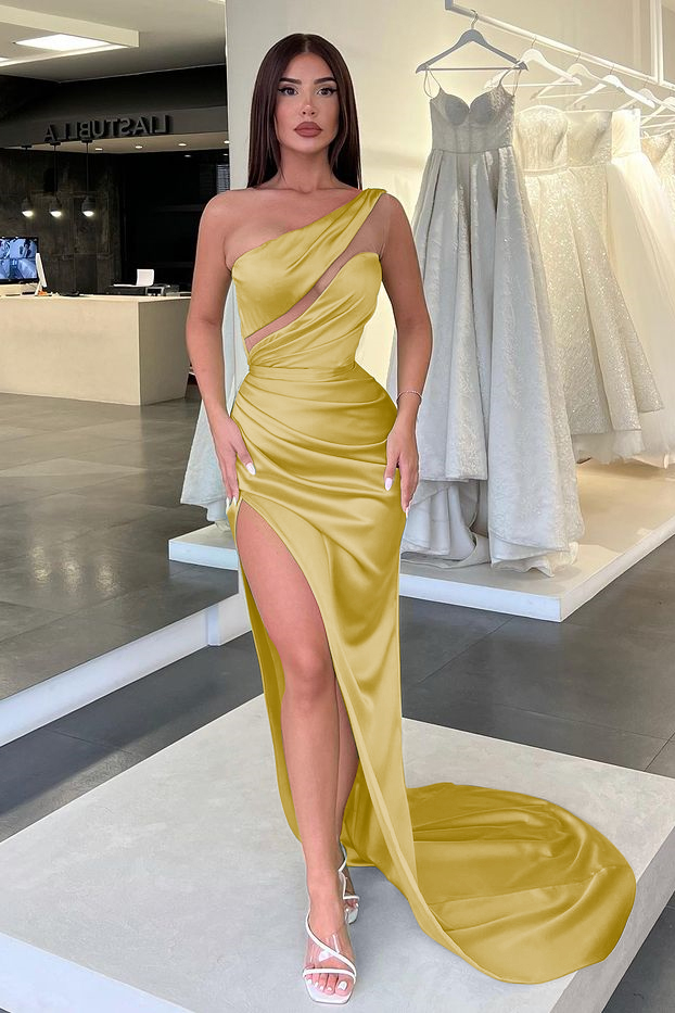Light Green One-Shoulder Long Sleeveless Slit Evening Dress
