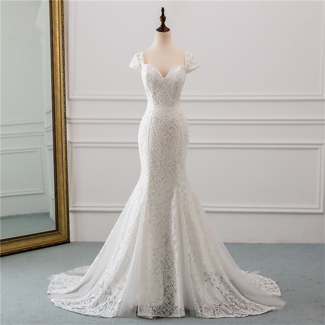 Elegant Mermaid Sweetheart Lace Long Wedding Dress with Cap-Sleeves