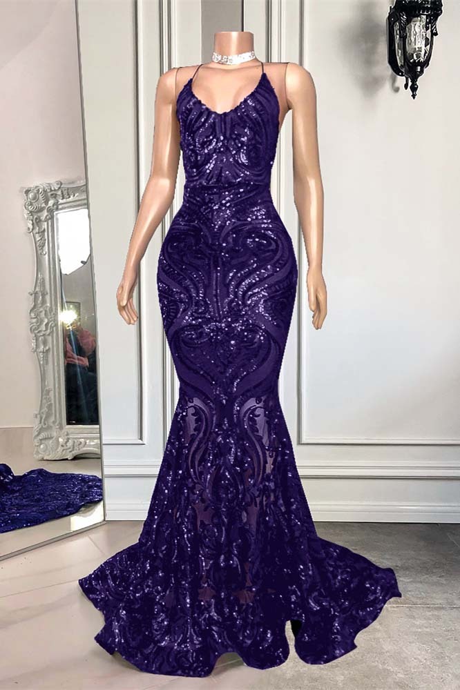Mermaid Spaghetti Strap Sleeveless Royal Blue Long Formal Dress With Sequins