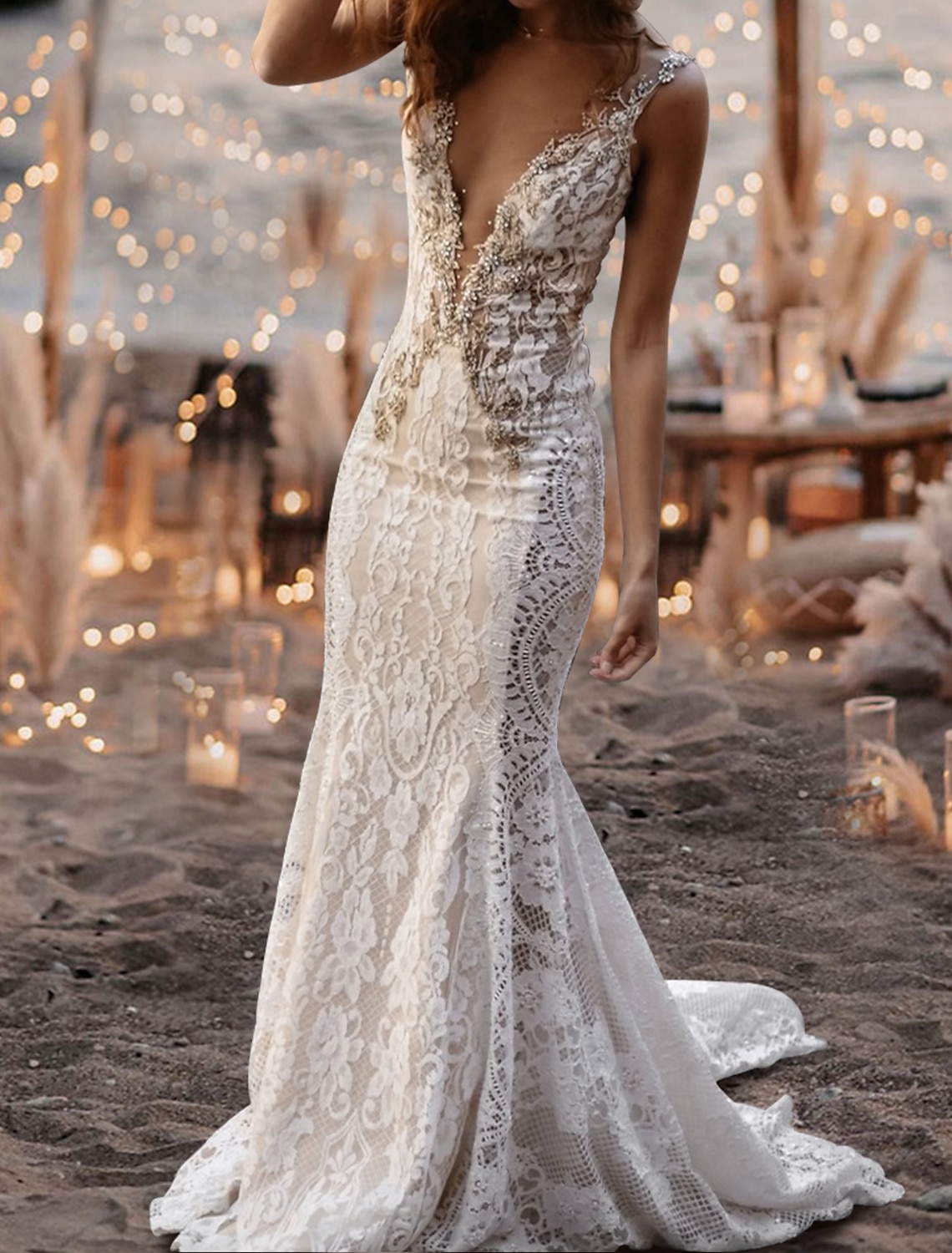 Sheer Straps Chapel Mermaid Train Lace Wedding Dress with Beadings