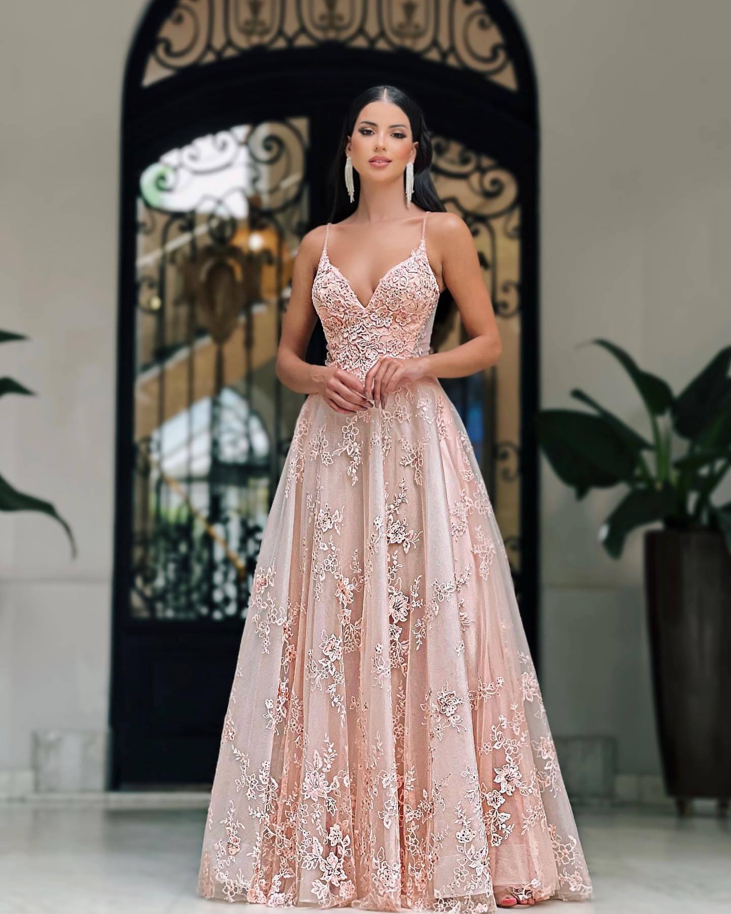 Elegant V Neck Spaghetti Strap Lace Embroidered Appliques Formal Dress