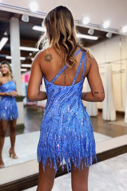 Blue Sequins Short Homecoming Dress with One Shoulder and Tassel