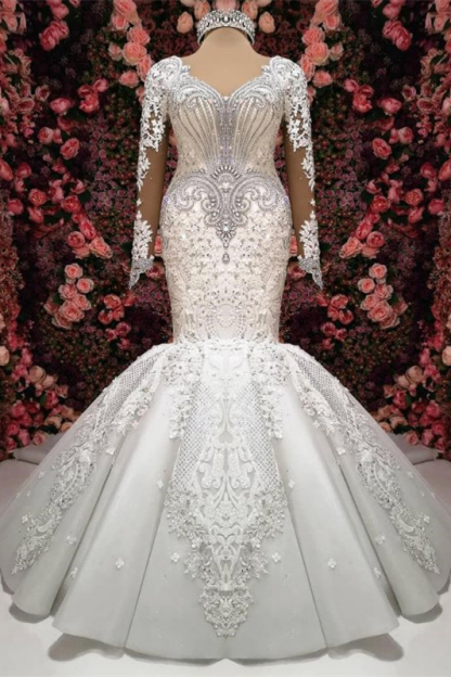 Elegant Sweetheart Mermaid Long Sleeves Lace Appliques Wedding Dress with Beadings