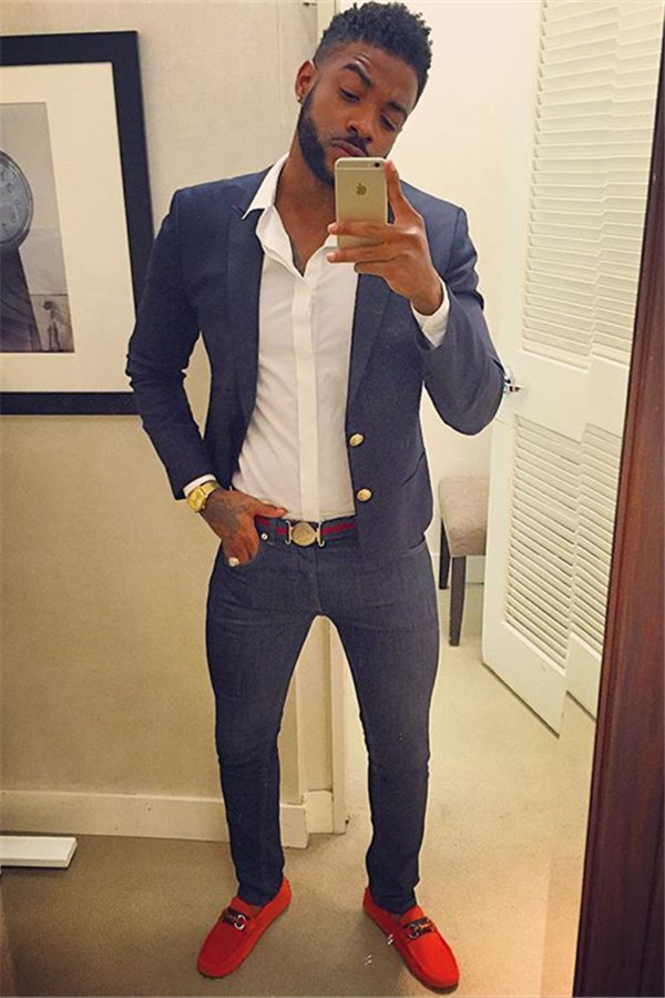 Fashion Navy Blue Two-Button Peaked Lapel Party Prom Suit for Man