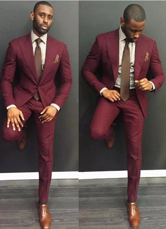 High-Quality Casual Burgundy Peaked Lapel Party Prom Suit with Two Pieces