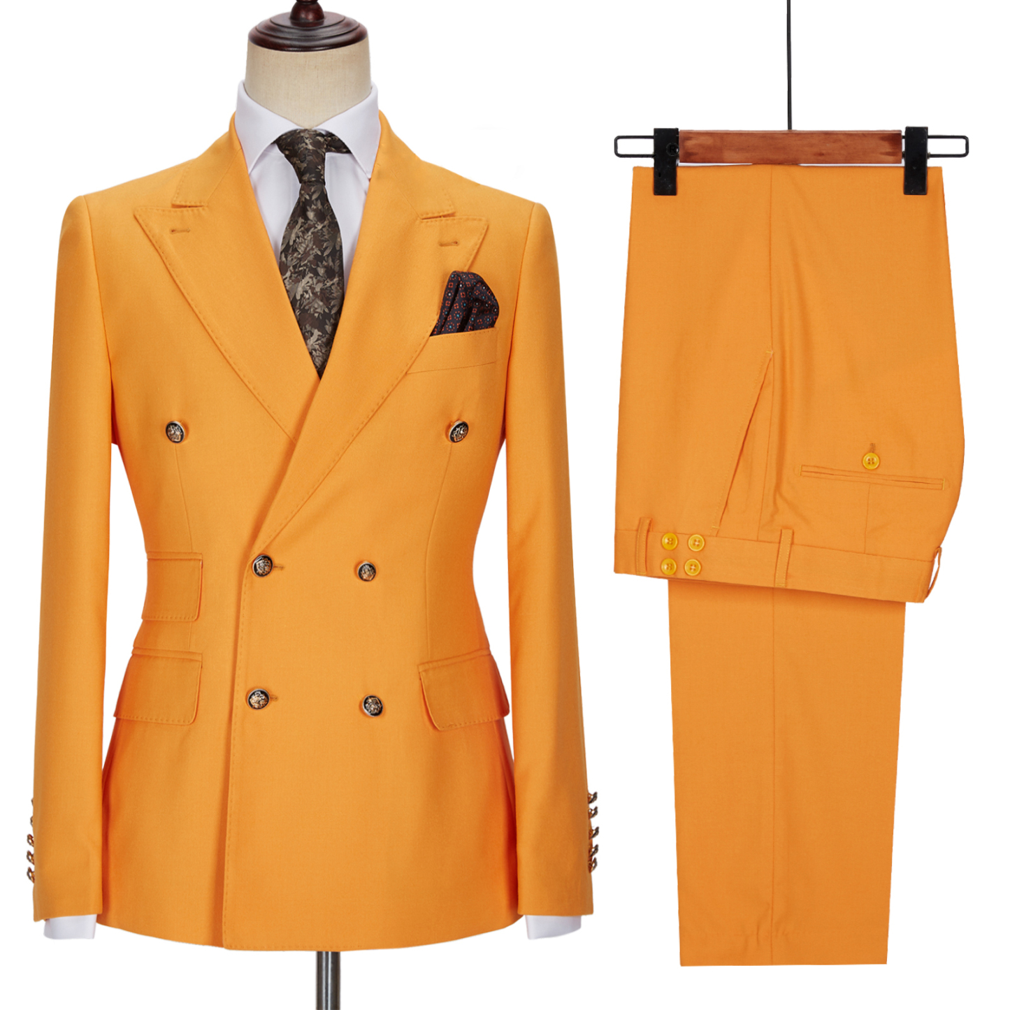 Benjamin New Arrival Orange Peaked Lapel Double-Breasted Men's Suits