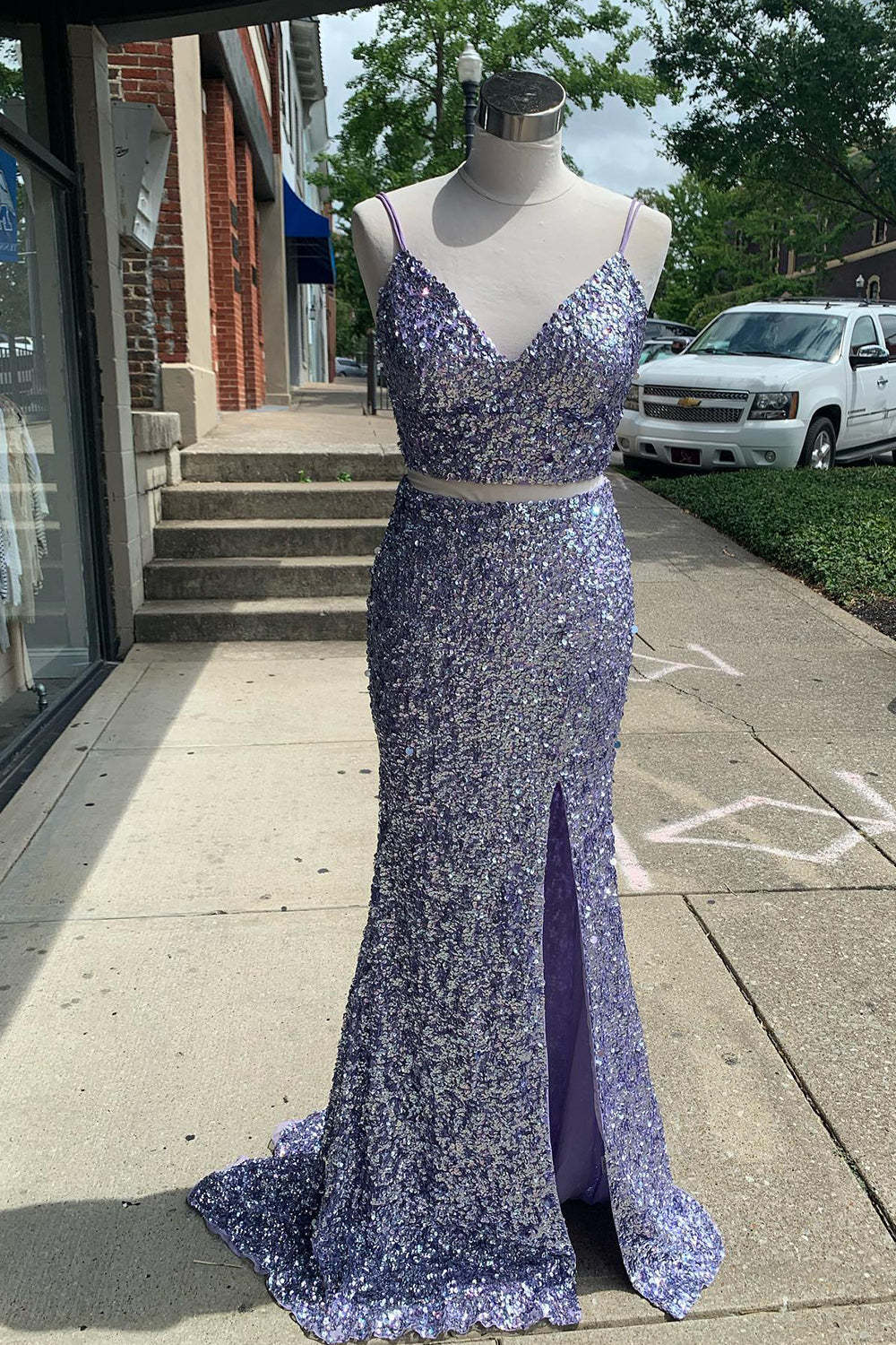 Light Blue Sequined Two-Piece Mermaid Prom Dress Featuring a Slit