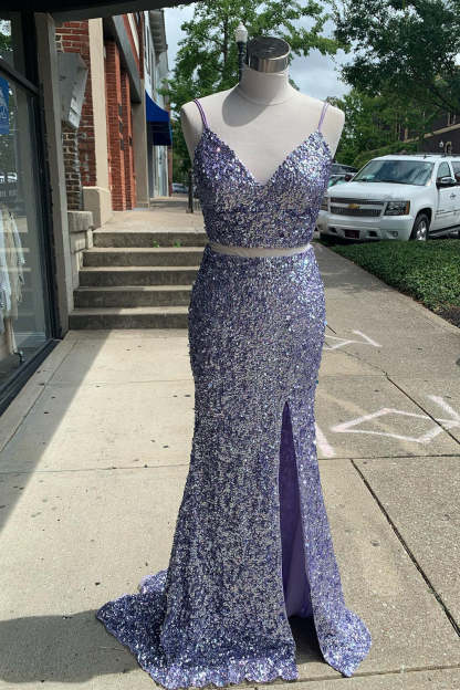 Light Blue Sequined Two-Piece Mermaid Prom Dress Featuring a Slit