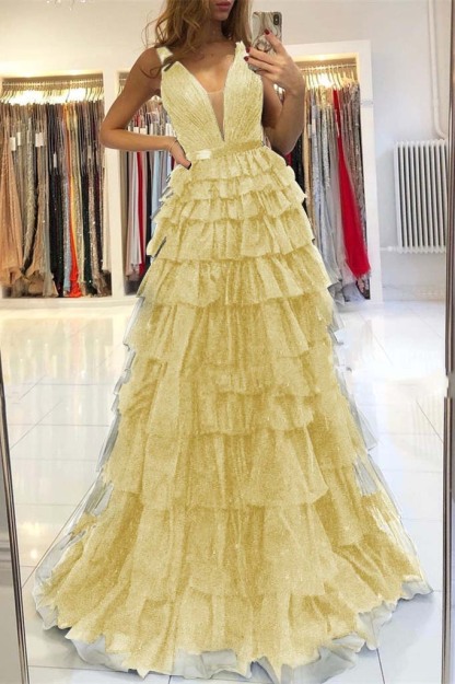 Evening Dress Sleeveless Layered V-Neck