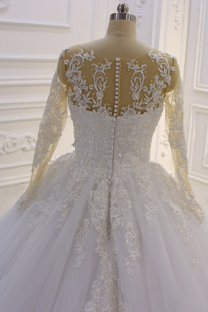 Stylish Long Sleeves Bateau Lace A-Line Wedding Dress with Tulle Pearl Appliques