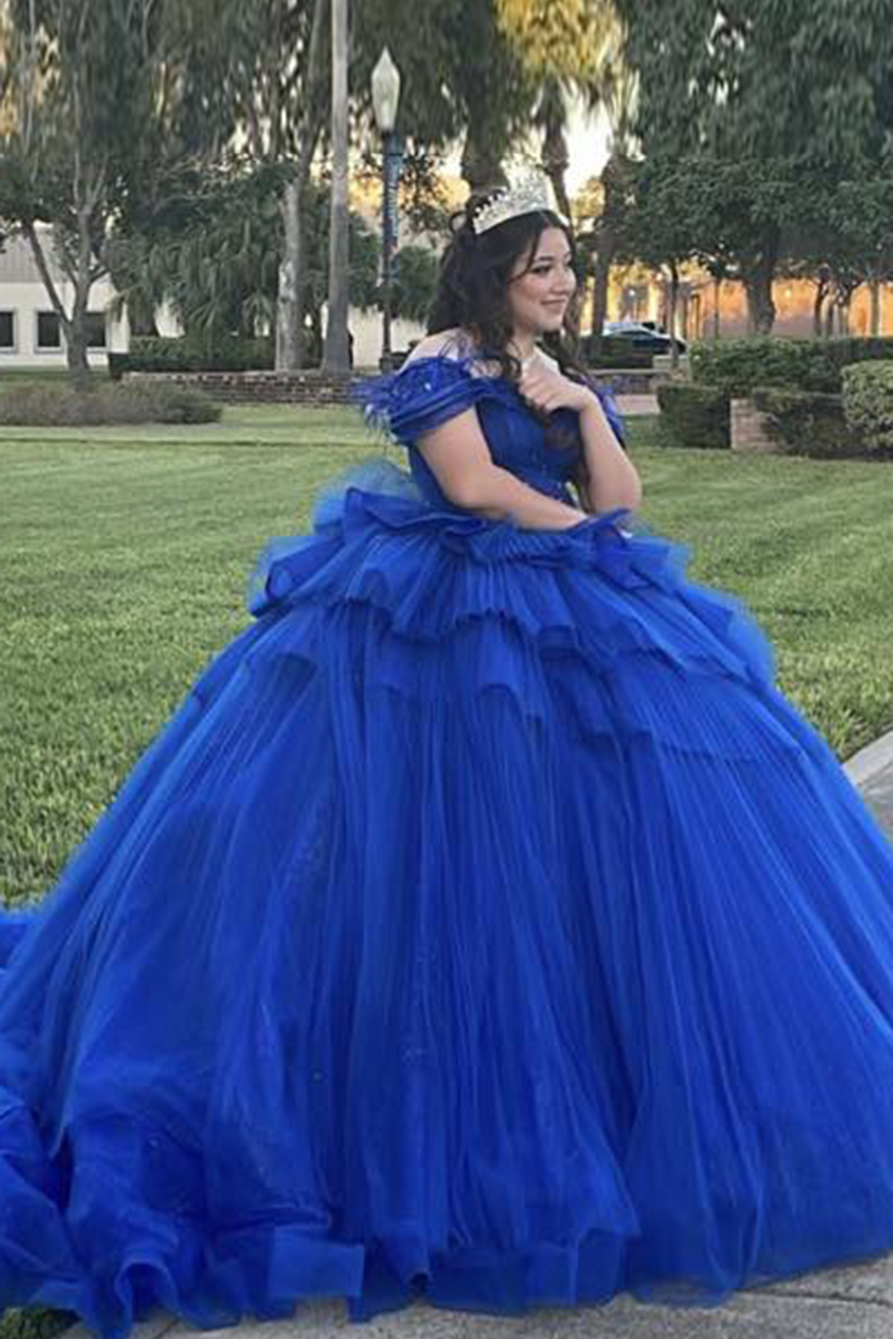 Off the Shoulder Royal Blue Tulle Quinceanera Ball Gown with Train