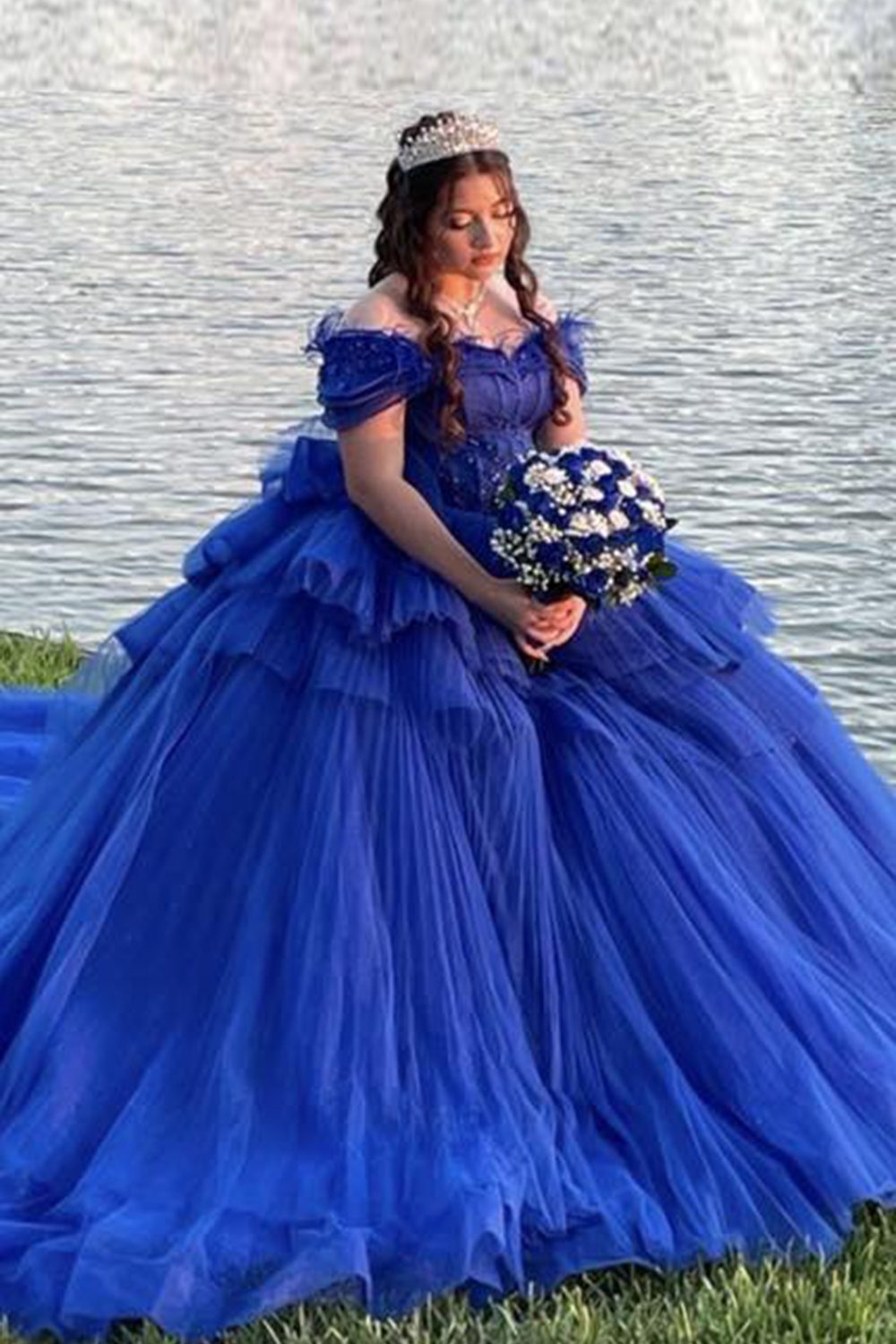 Off the Shoulder Royal Blue Tulle Quinceanera Ball Gown with Train
