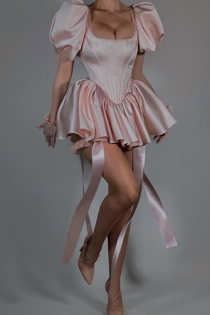 Amazing Pink Satin Square Neck Puff Sleeves Slim Short Prom Dress with Ruffles