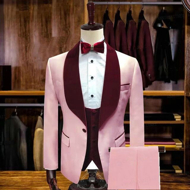 Stylish Slim Fit Candy Pink Shawl Lapel Men's Suits for Wedding