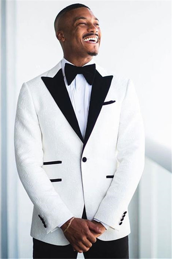 Popular White Jacquard Wedding Groom Suit with Peaked Lapel