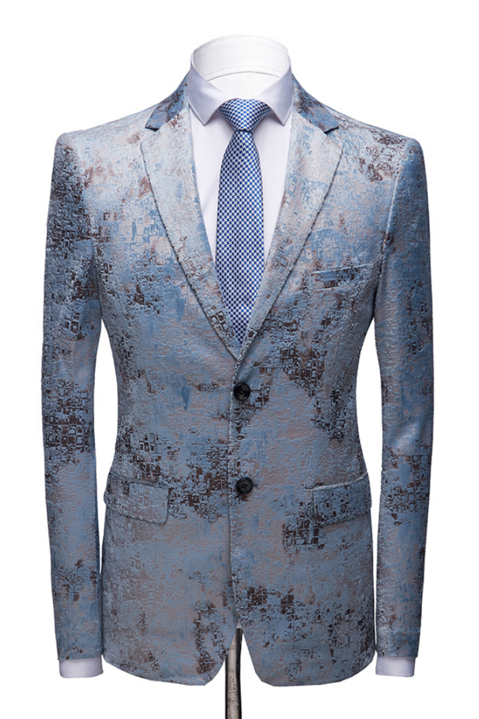 Popular Printing Blue Notched Lapel Wedding Suit for Men with White Pants