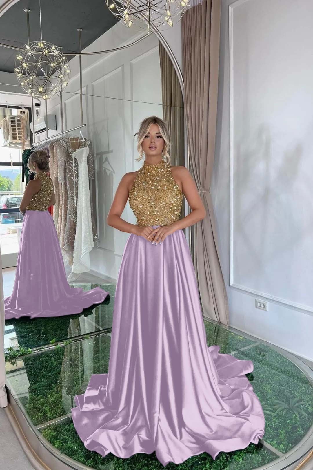 Elegant Sequins Formal Dress Gold Black Long Sleeveless Halter