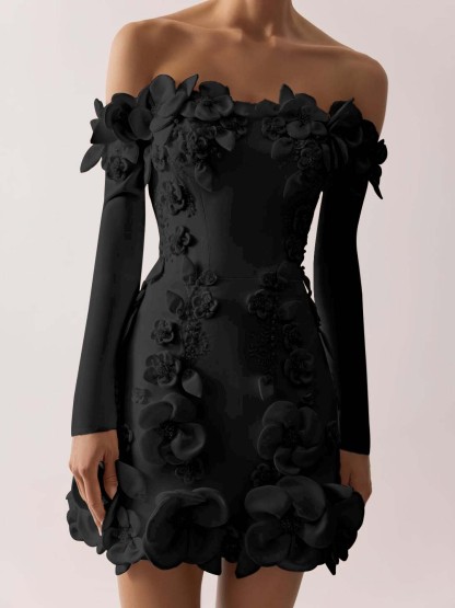 Off the Shoulder Long Sleeves Short Formal Dress With Appliques